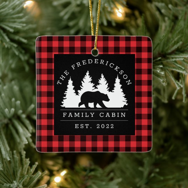 Personalized Buffalo Plaid Bear Forest Cabin Ceramic Ornament (Tree)