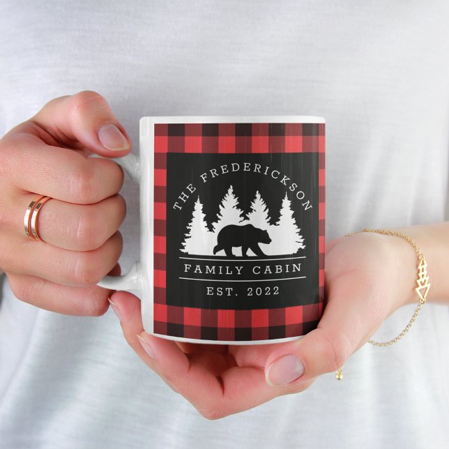 Personalized Buffalo Plaid Bear Forest Cabin  Coffee Mug (Creator Uploaded)