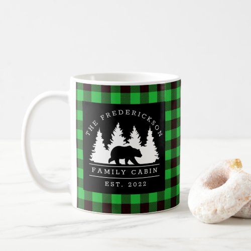 Personalized Buffalo Plaid Bear Forest Cabin  Coffee Mug
