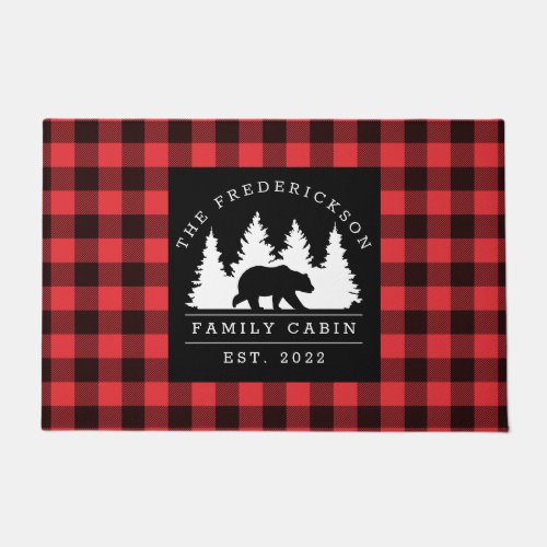 Personalized Buffalo Plaid Bear Forest Cabin Doormat
