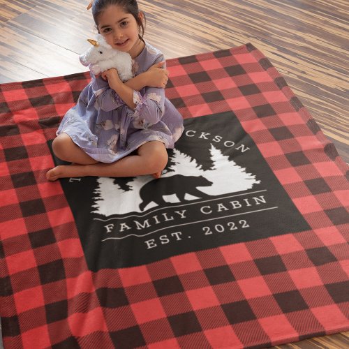 Personalized Buffalo Plaid Bear Forest Cabin Fleece Blanket