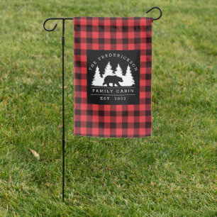 Personalized Buffalo Plaid Bear Forest Cabin Garden Flag