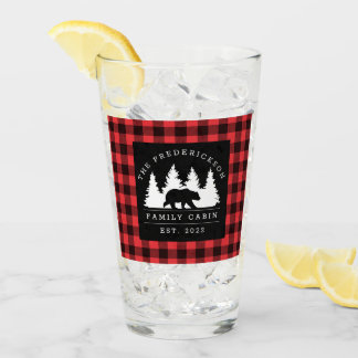 Personalized Buffalo Plaid Bear Forest Cabin Glass