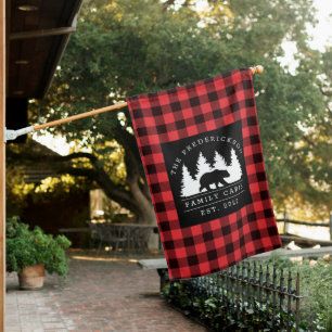 Personalized Buffalo Plaid Bear Forest Cabin House Flag