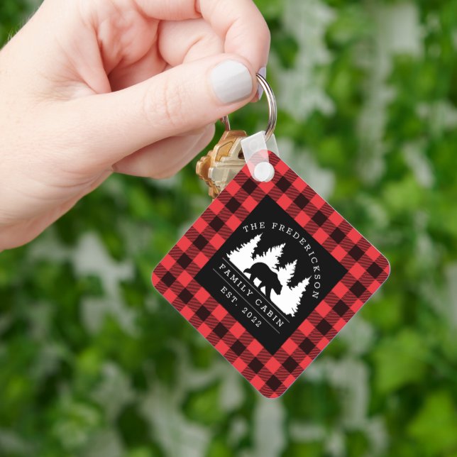 Personalized Buffalo Plaid Bear Forest Cabin Keychain (Hand)