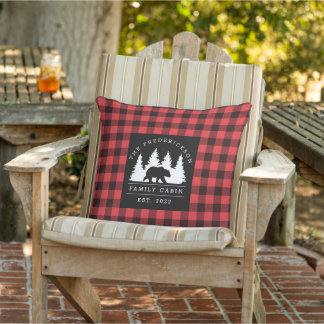 Personalized Buffalo Plaid Bear Forest Cabin  Outdoor Pillow
