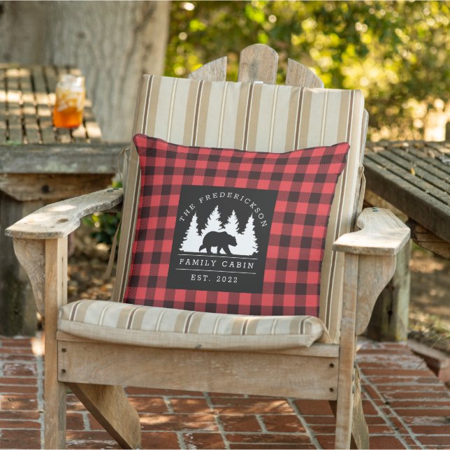 Personalized Buffalo Plaid Bear Forest Cabin  Outdoor Pillow (Chair)