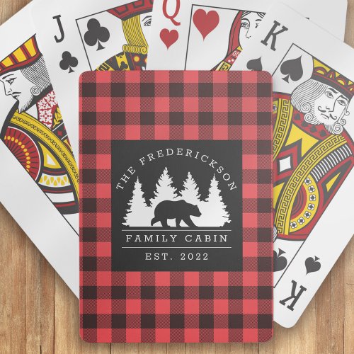 Personalized Buffalo Plaid Bear Forest Cabin  Playing Cards