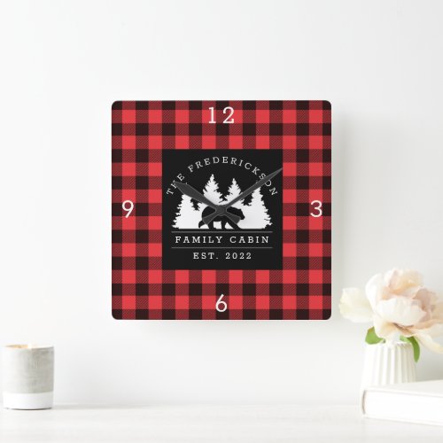 Personalized Buffalo Plaid Bear Forest Cabin Square Wall Clock