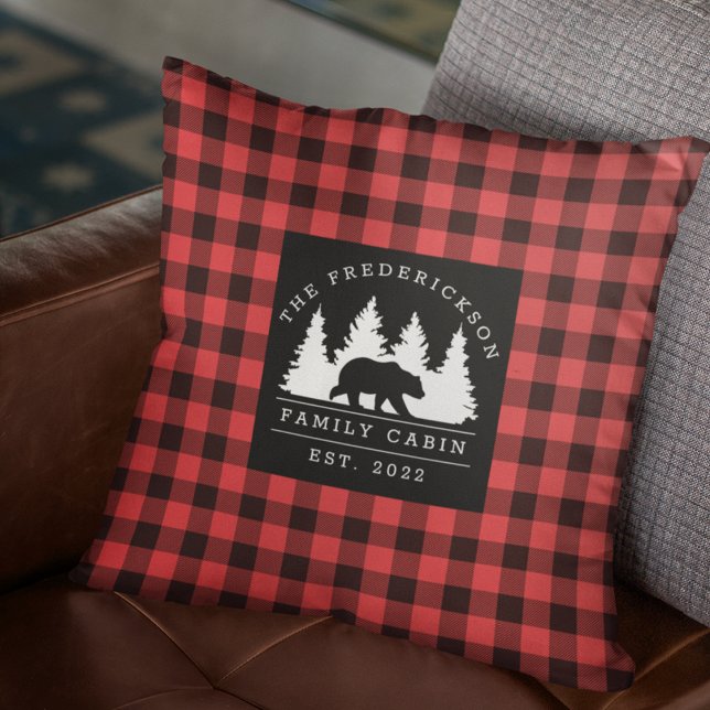 Personalized Buffalo Plaid Bear Forest Cabin Throw Pillow (Creator Uploaded)