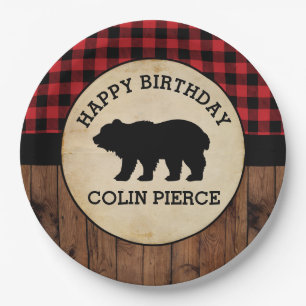 Personalized Buffalo Plaid Bear Lumberjack Party Paper Plates