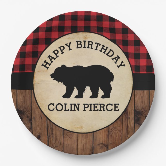 Personalized Buffalo Plaid Bear Lumberjack Party Paper Plates (Front)