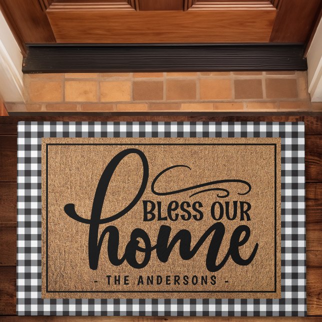 Personalized Buffalo Plaid Bless Our Home Doormat (Creator Uploaded)