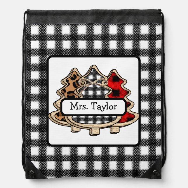 Personalized Buffalo Plaid Country Christmas Trees Drawstring Bag (Front)