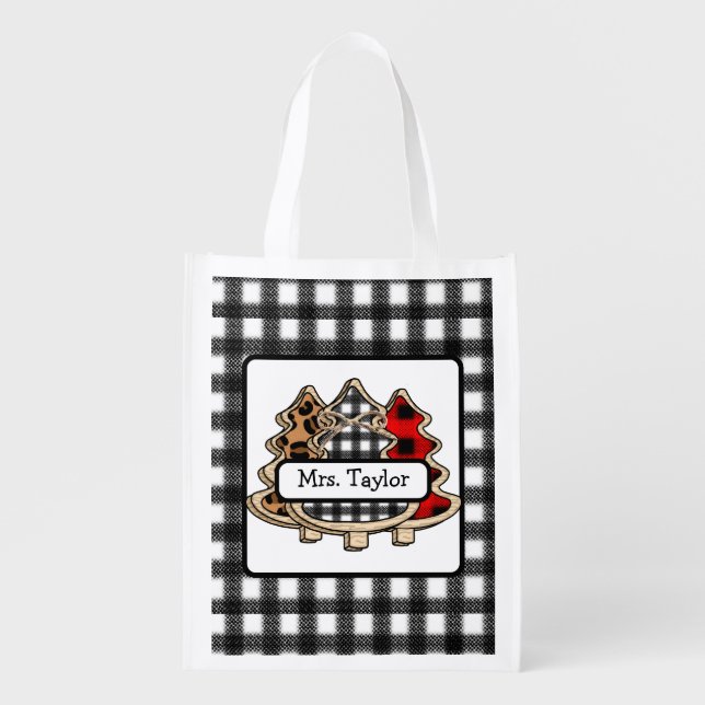 Personalized Buffalo Plaid Country Christmas Trees Grocery Bag (Front)
