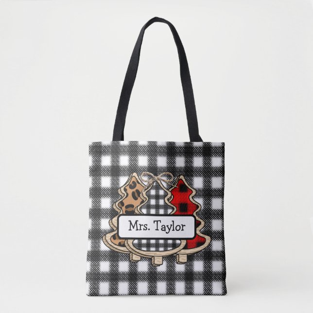 Personalized Buffalo Plaid Country Christmas Trees Tote Bag (Front)