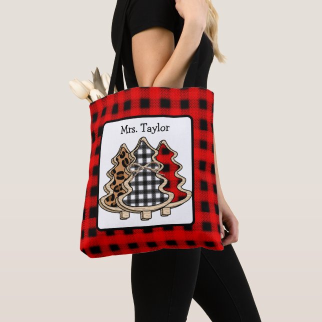 Personalized Buffalo Plaid Country Christmas Trees Tote Bag (Close Up)