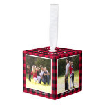 Personalized Buffalo Plaid Family Photo Christmas Cube Ornament