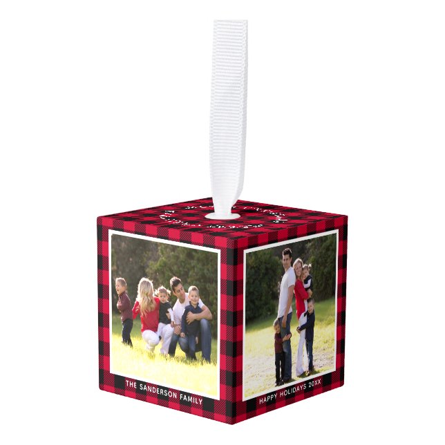 Personalized Buffalo Plaid Family Photo Christmas Cube Ornament (Front Angled)
