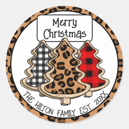 Personalized Buffalo Plaid Gingham Christmas Trees Classic Round Sticker