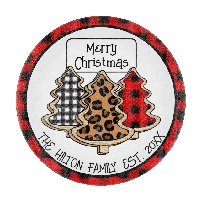Personalized Buffalo Plaid Gingham Christmas Trees Cutting Board (Front)