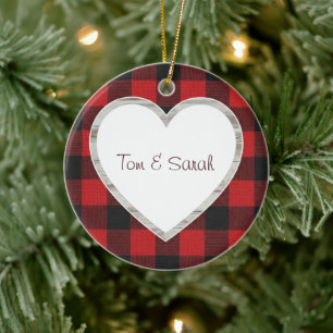 Personalized Buffalo Plaid Heart Rustic  Ceramic Ornament