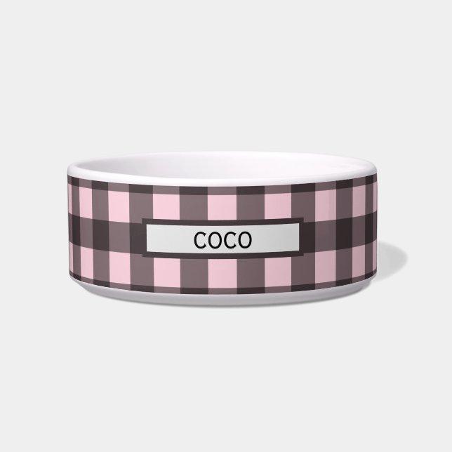Personalized Buffalo Plaid Pink Dog Bowl (Front)
