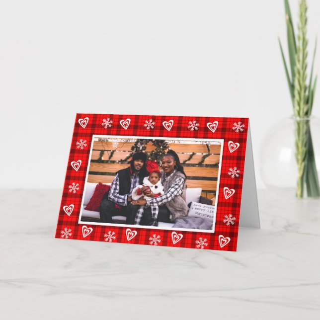 Personalized Buffalo Plaid Snowflake Family Photo Holiday Card (Front)