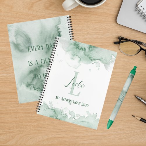 Personalized Bujo Green Watercolor Affirmations Notebook