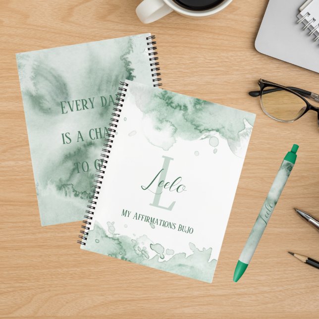 Personalized Bujo Green Watercolor Affirmations Notebook (Creator Uploaded)