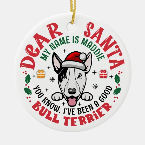 Personalized Bull Terrier Dog Christmas Tree Round Ceramic Ornament
