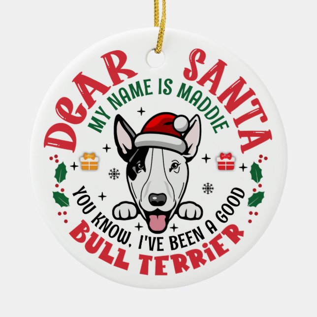 Personalized Bull Terrier Dog Christmas Tree Round Ceramic Ornament (Front)