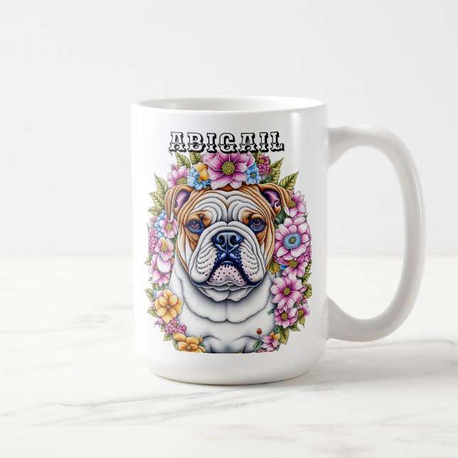 Personalized Bulldog and Whimsical Flowers Coffee Mug (Right)