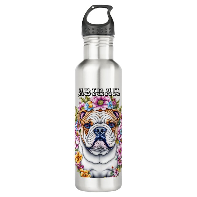 Personalized Bulldog and Whimsical Flowers Stainless Steel Water Bottle (Front)