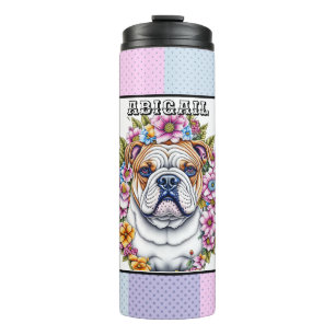 Personalized Bulldog and Whimsical Flowers Thermal Tumbler