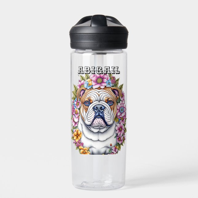 Personalized Bulldog and Whimsical Flowers Water Bottle (Front)