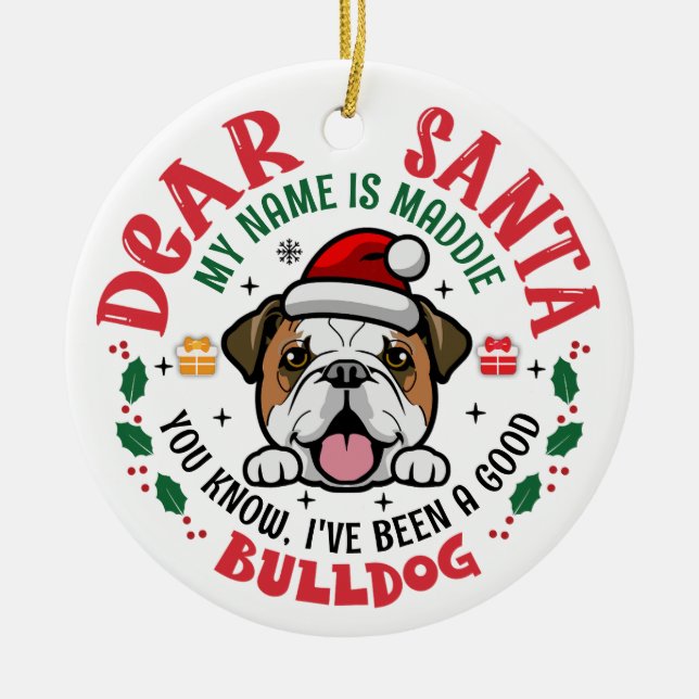 Personalized Bulldog Dog Christmas Tree Round Ceramic Ornament (Front)