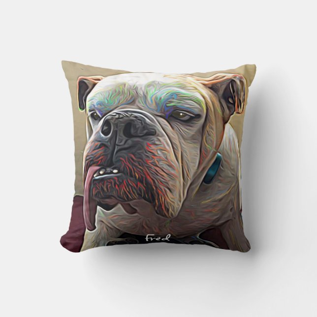 Personalized bulldog pet portrait throw pillow (Front)