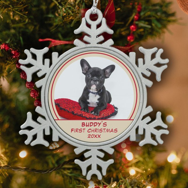 Personalized Bulldog Puppy 1st Christmas Pet Photo Snowflake Pewter Christmas Ornament (Creator Uploaded)