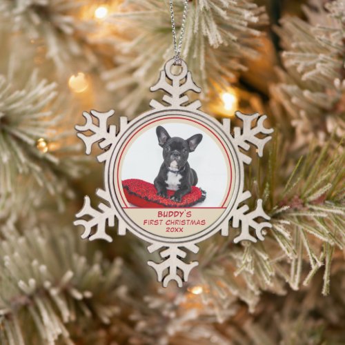 Personalized Bulldog Puppy 1st Christmas Pet Photo Snowflake Pewter Christmas Ornament