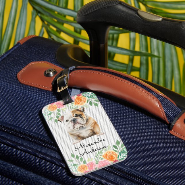 Personalized Bulldog Puppy Floral Luggage Tag (Front Insitu 1)