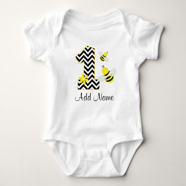 Personalized Bumble Bee 1st Birthday Chevron Baby Bodysuit (Front)