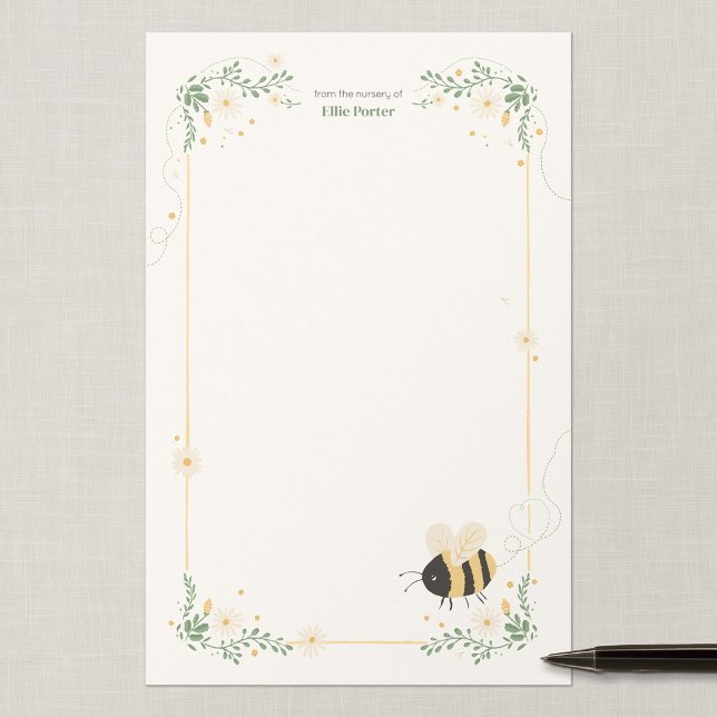Personalized Bumble Bee Nursery Writing Paper (Wildflower Flight - Half-Letter Personalized Writing Paper)