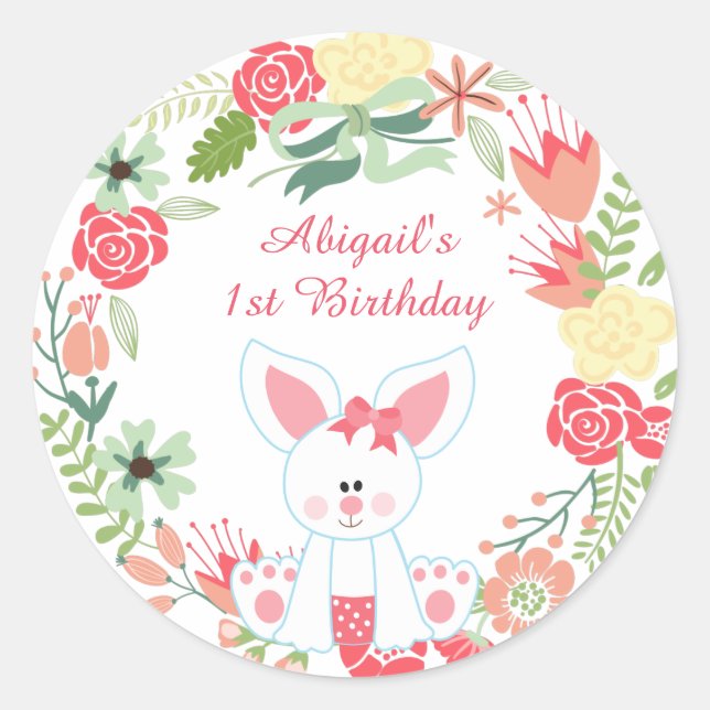 Personalized Bunny and Flower Wreath 1st Birthday Classic Round Sticker (Front)