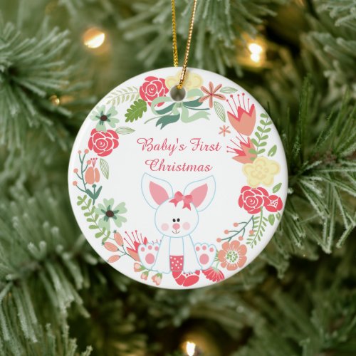 Personalized Bunny and Wreath Babys 1st Christmas Ceramic Ornament