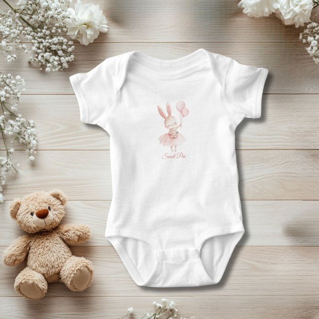 Personalized Bunny Ballerina Pink Floral Baby Girl Baby Bodysuit (Pink Bunny Ballerina with Pink Flowers and Balloons Baby Body Suit for Baby Girl. Personalized.)