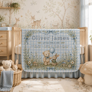 Personalized Bunny Bear Blue Gingham Baby Blanket