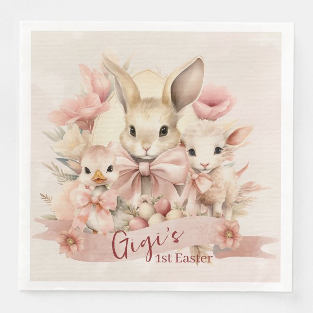 Personalized Bunny, Chick & Lamb Easter Plates Paper Dinner Napkins (Front)