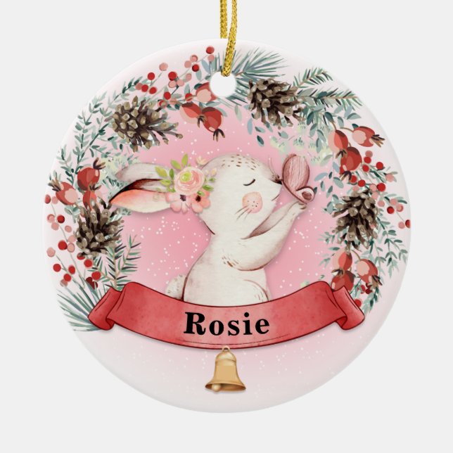 Personalized Bunny Christmas Floral Wreath Ceramic Ornament (Front)