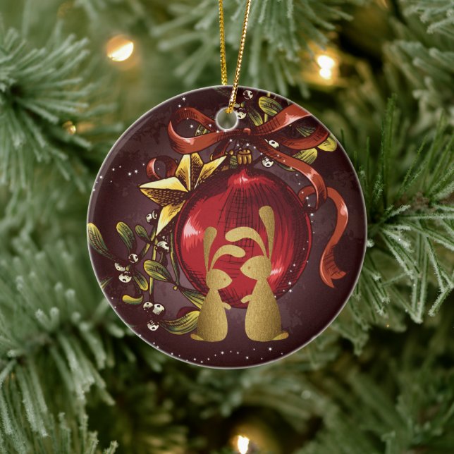 Personalized Bunny Couple n' Mistletoe Christmas Ceramic Ornament (Tree)